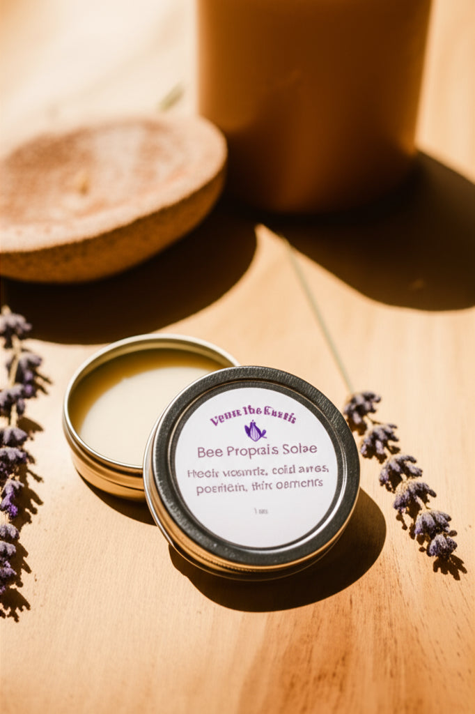 Bee propolis salve tin on a table