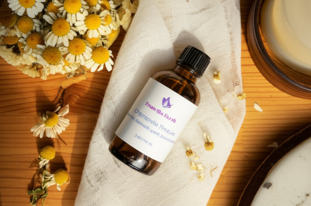 Chamomile tincture on linen near dried chamomile flowers