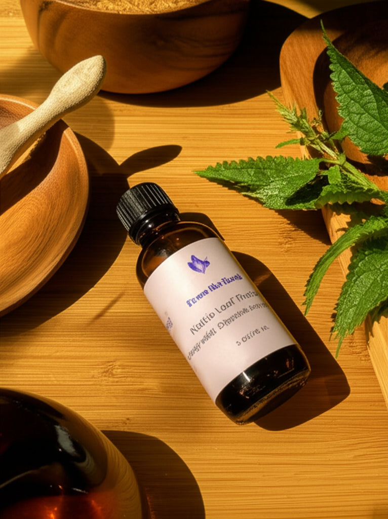 bottle of nettle leaf tincture on a table with wooden owls and fresh nettles
