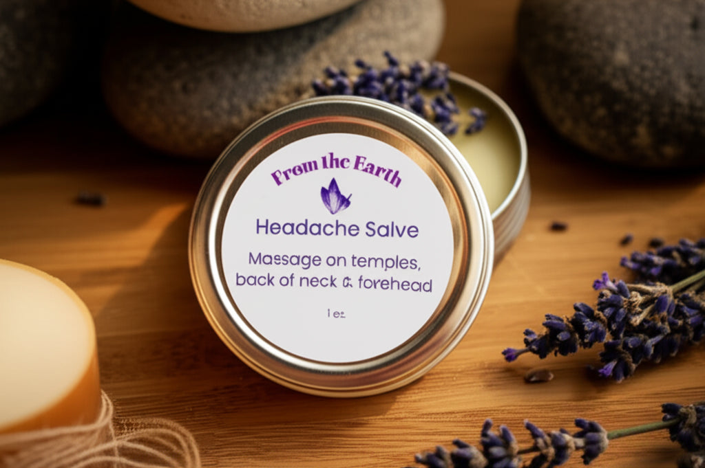 headache salve tin on a table