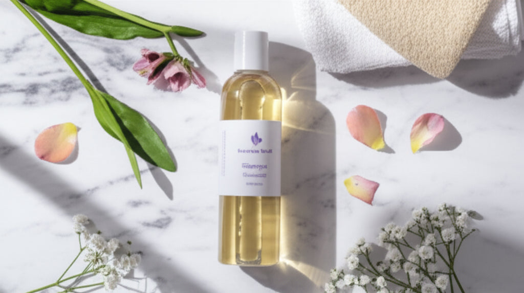 bottle of shampoo on a counter with flowers