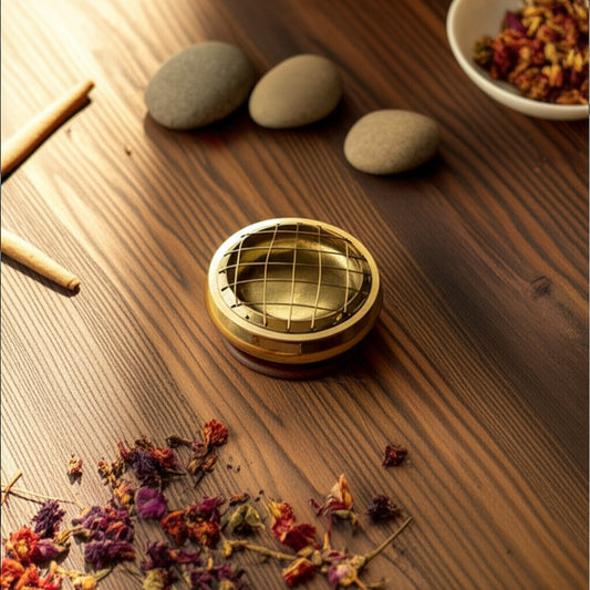 brass incense burner on a table