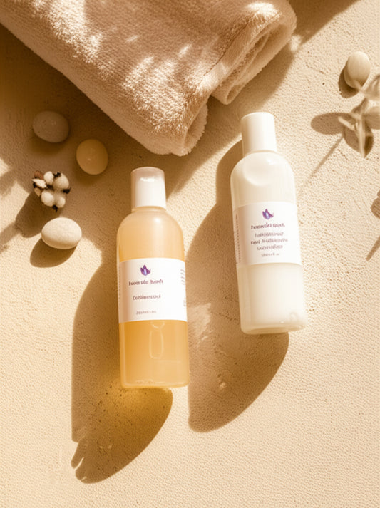 bottles of shampoo and conditioner on a counter with a towel