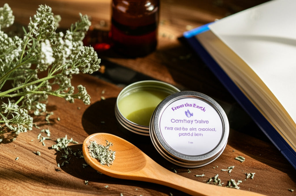 comfrey salve tin on a table with dried flowers