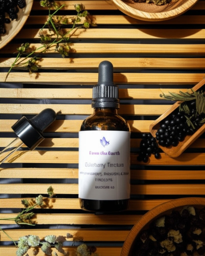 bottle of elderberry tincture with dried herbs