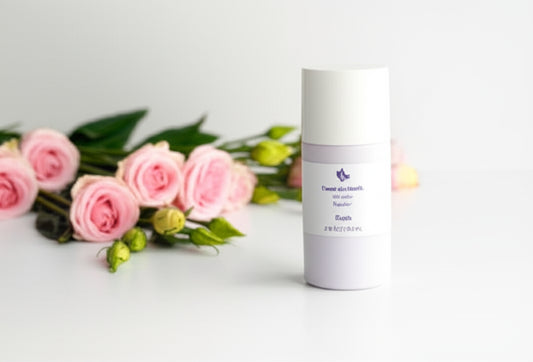 body powder on a counter with flowers