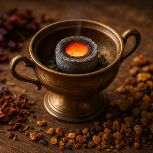 Bronze incense burner with glowing coals on a wooden surface with spices around