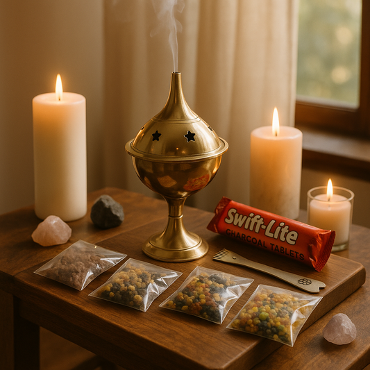 Resin Incense Set With Brass Censer Burner, Charcoal Tablets, Tongs, Black Sand, 5 Resins, Loose Resins, Altar Tool, Spiritual Work