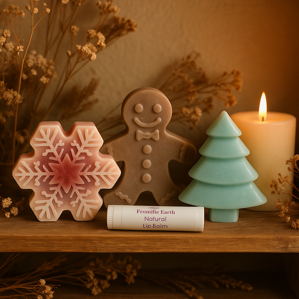 Decorative items including a snowflake, gingerbread man, and tree-shaped candles on a wooden surface with a Fromifice Earth lip balm.