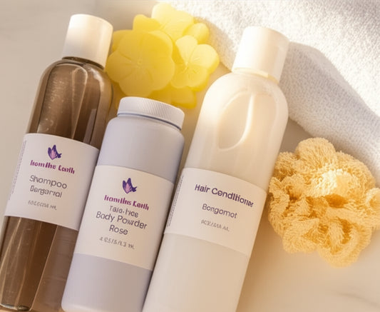 bottles of shampoo, conditioner and powder with soap on a towel