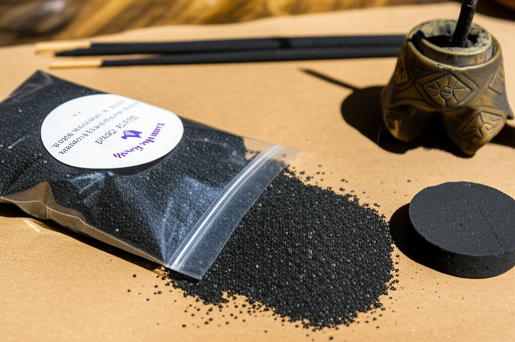 bag of black sand on a table with incense  holder