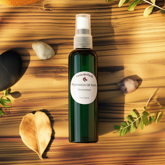 magnesium oil spray on a table with herbs