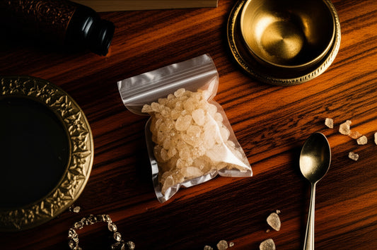 bag of copal incense on a table with brass incense burner