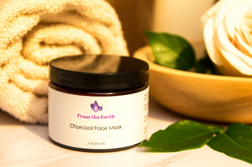 charcoal face mask jar on a counter with bath towels